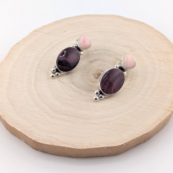 Handmade Navajo Sterling Silver Purple Spiny Oyster & Pink Heart Post Earrings** - Picture 4 of 9